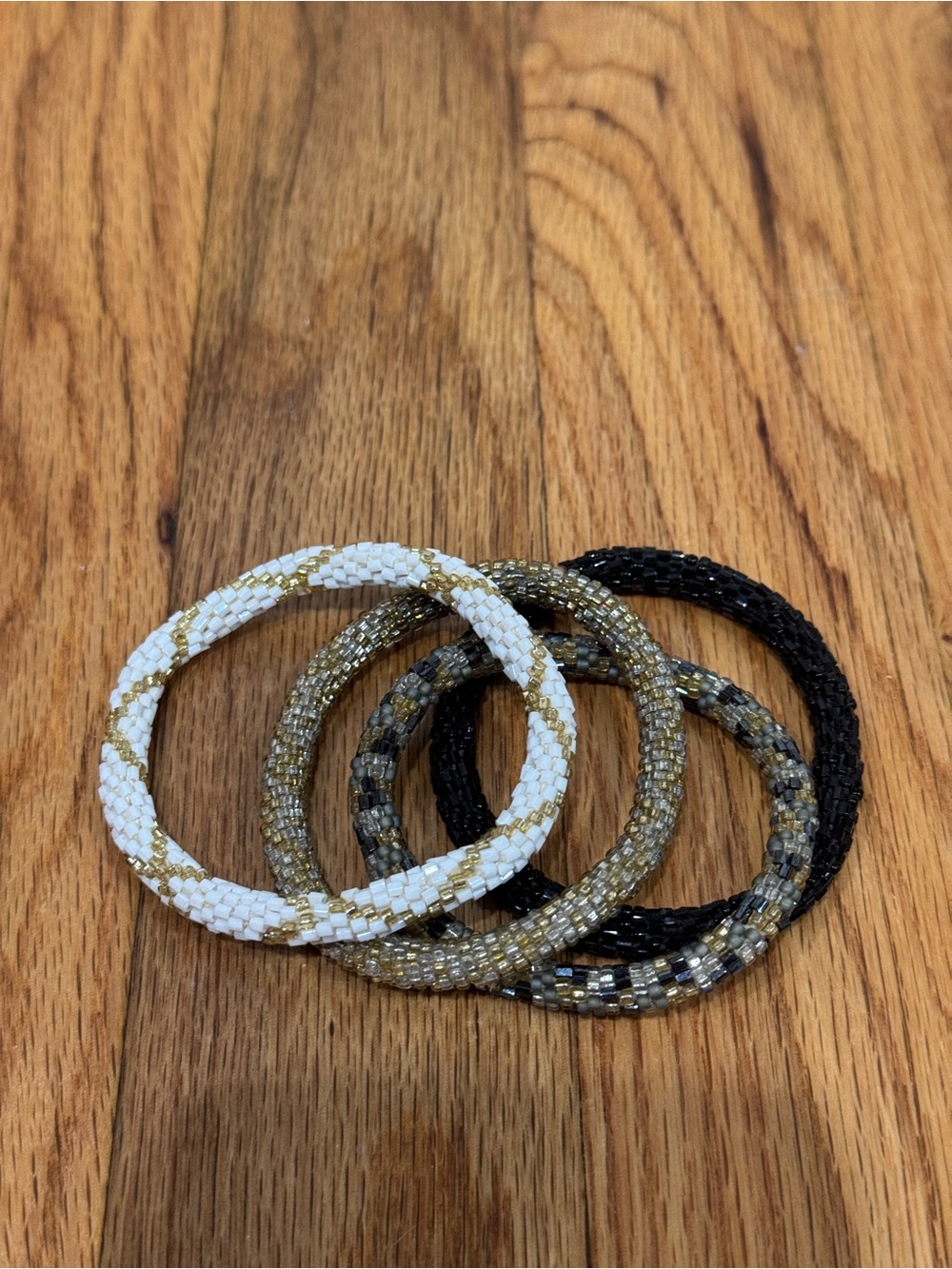 Beaded Stackable Bangle Bracelet Set - White, Gold, Black